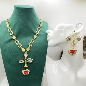 Surreal Blue Eye & Red Lips Necklace and Earrings Set